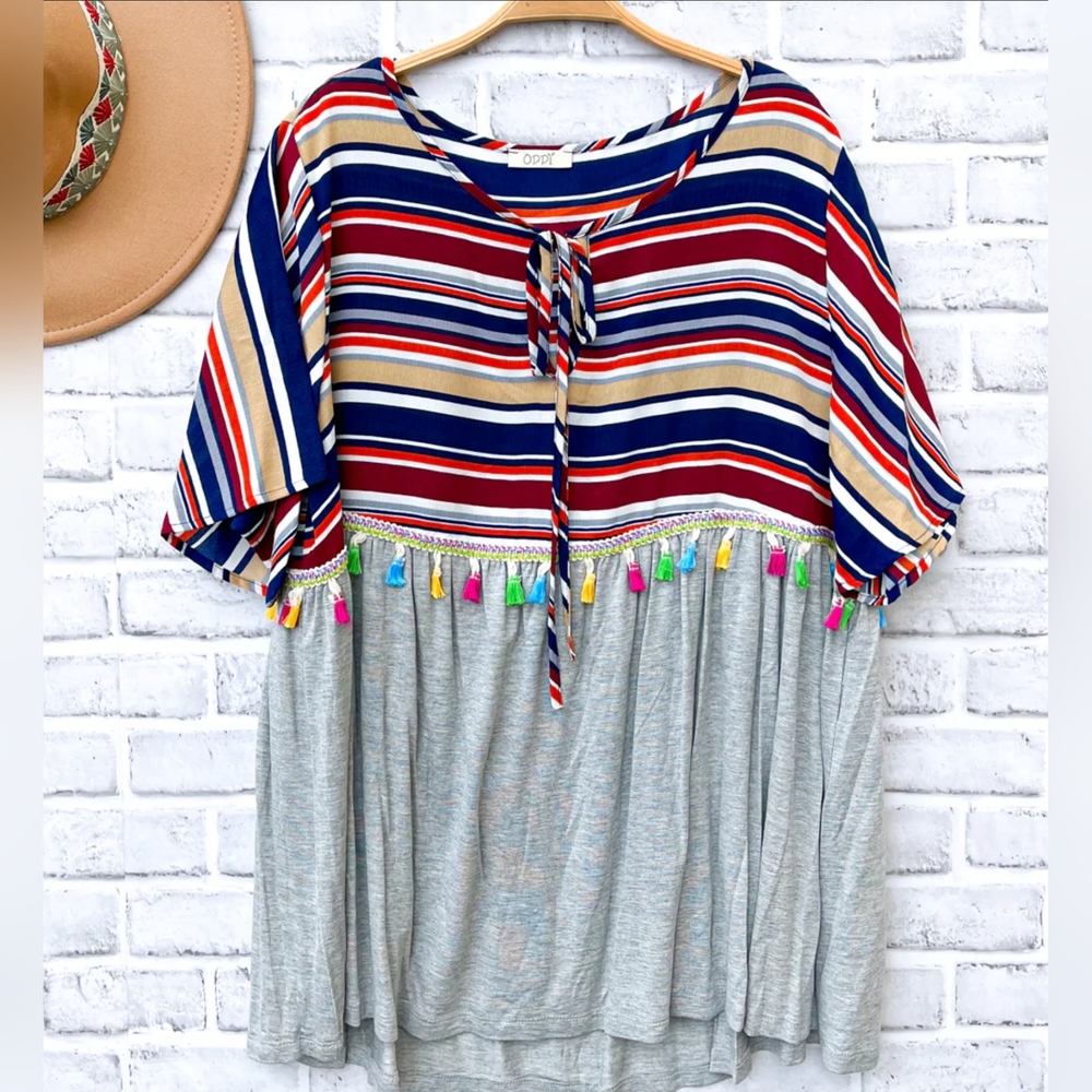 NEW 🦄 MULTI STRIPE TASSEL COLOR BLOCK BLOUSE Top Tunic Plus